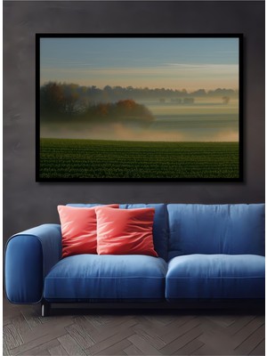 Çerçeve Görünümlü Sisli Hasat Tarlası Yağlı Boya Görünümlü Dekoratif Ahşap Işyeri/ofis Kare Tablo