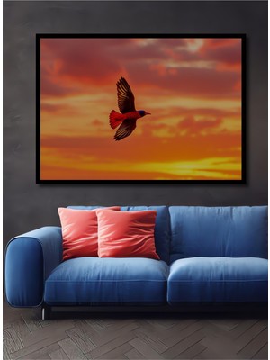Çerçeve Görünümlü Gün Batımında Uçan Kızıl Kuş Yağlı Boya Görünümlü Dekoratif Ahşap Ofis Kare Tablo