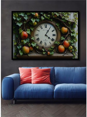 Çerçeve Görünümlü Elma Ağacı Saat Yağlı Boya Görünümlü Dekoratif Ahşap Ev/işyeri/ofis Kare Tablo