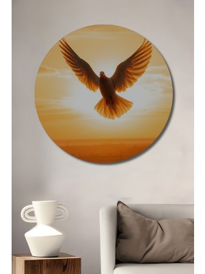 Gün Batımında Uçan Güvercin Yağlı Boya Görünümlü Dekoratif Ahşap Ev/işyeri/ofis Yuvarlak Tablo