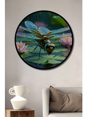 Çerçeve Görünümlü Sulu Boya Görünümlü Nilüfer Çiçeği ve Işıltılı Yusufçuk Ahşap Ofis Tablo