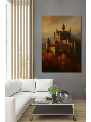Sonbahar Rüyası Yağlı Boya Görünümlü Şato Ev/işyeri/ofis Dekoratif Ahşap Kare Tablo