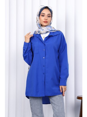 Saks Mavi Cepli Terikoton Gömlek