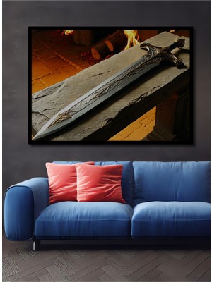 Çerçeve Görünümlü Altın Detaylı Kraliyet Kılıcı Yağlı Boya Görünümlü Ahşap Ofis Kare Tablo