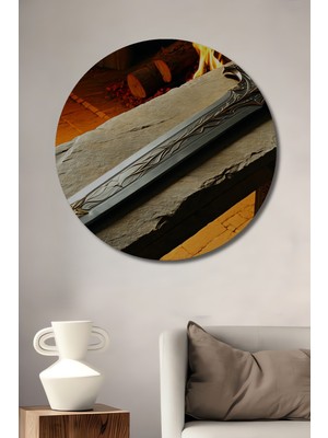 Altın Detaylı Kraliyet Kılıcı Yağlı Boya Görünümlü Dekoratif Ahşap Ev/işyeri/ofis Yuvarlak Tablo