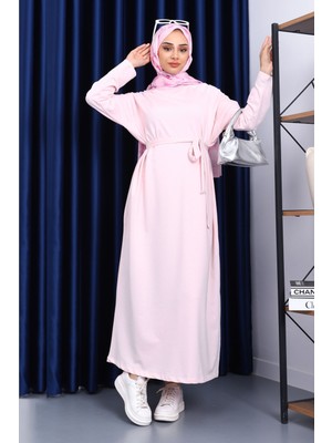 Toz Pembe Bisiklet Yaka Bel Kuşaklı Elbise