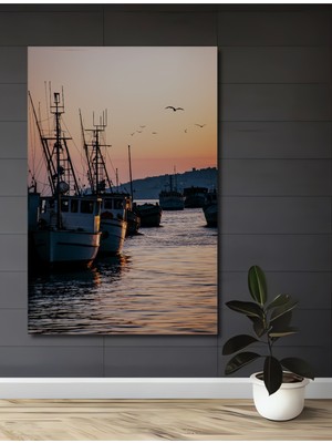 Gün Batımı Balıkçı Tekneleri Yağlı Boya Görünümlü Dekoratif Ahşap Ev/işyeri/ofis Kare Tablo