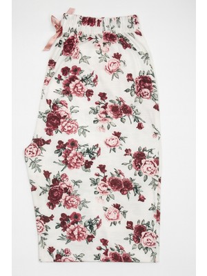 Beyaz Çiçek Desenli Kaliteli Büyük Beden Kadın Yüksek Bel Yazlık Pijama Altı Uzun