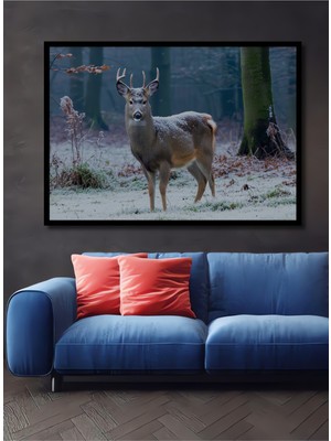 Çerçeve Görünümlü Karlı Ormanda Geyik Manzarası Dekoratif Ahşap Ev/işyeri/ofis Kare Tablo