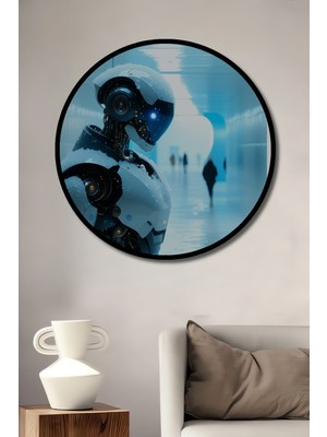 Çerçeve Görünümlü Karda Yürüyen Robot Yağlı Boya Görünümlü Dekoratif Ahşap Ofis Yuvarlak Tablo