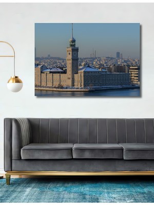 Istanbul Kış Manzaralı Tarihi Saat Kulesi Yağlı Boya Görünümlü Dekoratif Ahşap Ev/işyeri/ofis Tablo