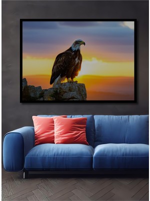 Çerçeve Görünümlü Gün Batımı Kartalı Yağlı Boya Görünümlü Dekoratif Ahşap Ev/işyeri/ofis Kare Tablo
