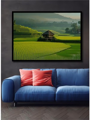 Çerçeve Görünümlü Sulu Boya Görünümlü Tropikal Pirinç Tarlası Manzarası Ahşap Ofis Kare Tablo