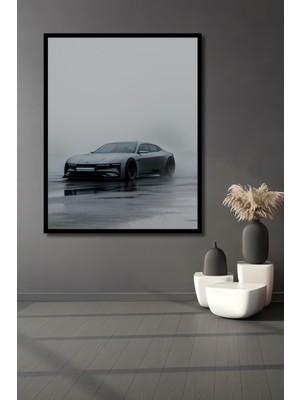 Çerçeve Görünümlü Geleceğin Otomobili Yağmurda Modern Sanat Dekoratif Ahşap Işyeri/ofis Kare Tablo