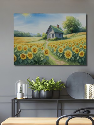 Sonsuz Ayçiçeği Tarlası Sulu Boya Görünümlü Dekoratif Ahşap Ev/işyeri/ofis Kare Tablo
