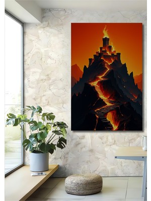 Alevler Içindeki Kale Yağlı Boya Görünümlü Dekoratif Ahşap Ev/işyeri/ofis Kare Tablo