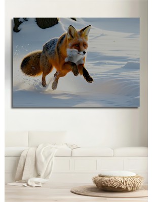 Karda Dans Eden Tilki Yağlı Boya Görünümlü Dekoratif Ahşap Ev/işyeri/ofis Kare Tablo