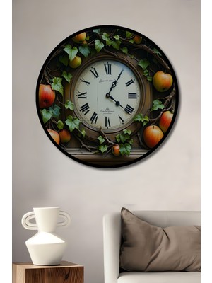 Çerçeve Görünümlü Elma Ağacı Saat Yağlı Boya Görünümlü Dekoratif Ahşap Işyeri/ofis Yuvarlak Tablo