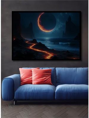 Çerçeve Görünümlü Fantastik Gezegen Sahili Yağlı Boya Görünümlü Dekoratif Ahşap Ofis Kare Tablo