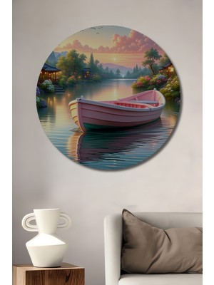 Pembe Kayık Rüyası Yağlı Boya Görünümlü Dekoratif Ahşap Ev/işyeri/ofis Yuvarlak Tablo