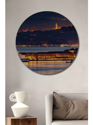 Istanbul Boğazı Gece Işıkları Yağlı Boya Görünümlü Dekoratif Ahşap Ev/işyeri/ofis Yuvarlak Tablo
