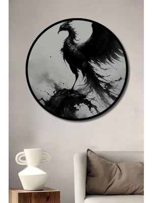 Çerçeve Görünümlü Siyah Anka Kuşu Yağlı Boya Görünümlü Dekoratif Ahşap Işyeri/ofis Yuvarlak Tablo