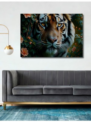 Çiçekler Içinde Bengal Kaplanı Yağlı Boya Görünümlü Dekoratif Ahşap Ev/işyeri/ofis Kare Tablo