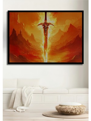 Çerçeve Görünümlü Alev Kılıç Efsanesi Yağlı Boya Görünümlü Dekoratif Ahşap Işyeri/ofis Kare Tablo