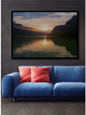 Çerçeve Görünümlü Dağların Gölgesi Altında Gün Batımı Yağlı Boya Görünümlü Ahşap Ofis Kare Tablo