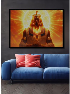 Çerçeve Görünümlü Tutankhamun Altın Işıltısı Yağlı Boya Görünümlü Dekoratif Ahşap Ofis Kare Tablo