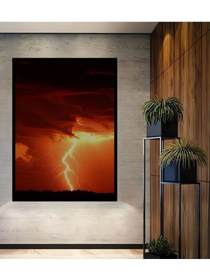 Çerçeve Görünümlü Kızıl Gökyüzü Fırtına Dansı Yağlı Boya Görünümlü Dekoratif Ahşap Ofis Kare Tablo