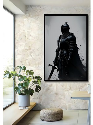 Çerçeve Görünümlü Zırhlı Şövalye Kara Siluet Yağlı Boya Görünümlü Ofis Dekoratif Ahşap Kare Tablo