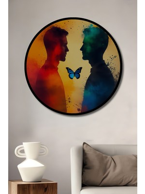 Çerçeve Görünümlü Iki Yüz Bir Kelebek Yağlı Boya Görünümlü Dekoratif Ahşap Ofis Yuvarlak Tablo