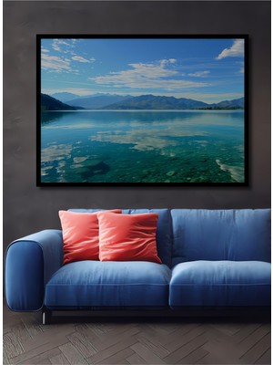 Çerçeve Görünümlü Turkuaz Göl Manzarası Sulu Boya Görünümlü Dekoratif Ahşap Işyeri/ofis Kare Tablo