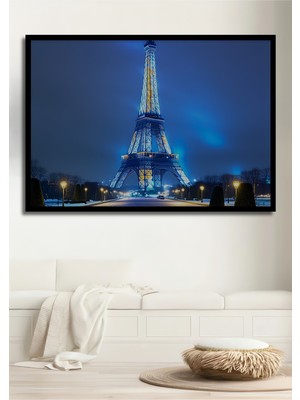 Çerçeve Görünümlü Eyfel Kulesi Gece Işıltısı Yağlı Boya Görünümlü Dekoratif Ahşap Ofis Kare Tablo