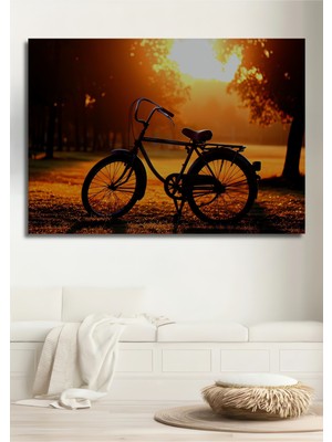 Gün Batımında Nostaljik Bisiklet Yağlı Boya Görünümlü Dekoratif Ahşap Ev/işyeri/ofis Kare Tablo
