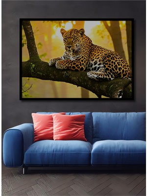 Çerçeve Görünümlü Ağaç Dalında Yağlı Boya Görünümlü Leopar Işyeri/ofis Dekoratif Ahşap Kare Tablo