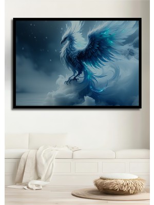 Çerçeve Görünümlü Buz Mavi Anka Kuşu Yağlı Boya Görünümlü Dekoratif Ahşap Ev/işyeri/ofis Kare Tablo