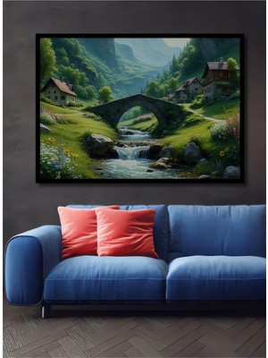 Çerçeve Görünümlü Yeşilin Rüyası Köprüsü Yağlı Boya Görünümlü Dekoratif Ahşap Ofis Kare Tablo