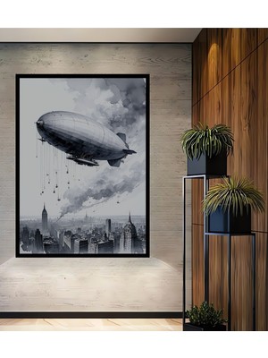 Çerçeve Görünümlü Zeplin ve Gökdelenler Sulu Boya Görünümlü Dekoratif Ahşap Işyeri/ofis Kare Tablo