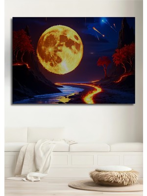 Fantastik Dolunay ve Ateş Nehri Manzarası Yağlı Boya Görünümlü Dekoratif Ahşap Ev/işyeri/ofis Tablo