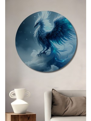 Buz Mavi Anka Kuşu Yağlı Boya Görünümlü Dekoratif Ahşap Ev/işyeri/ofis Yuvarlak Tablo