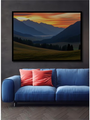 Çerçeve Görünümlü Gün Batımı Dağları Yağlı Boya Görünümlü Dekoratif Ahşap Ev/işyeri/ofis Kare Tablo
