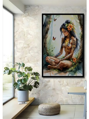 Çerçeve Görünümlü Dövme Sanatlı Kadın ve Kelebekler Sulu Boya Görünümlü Ahşap Ofis Kare Tablo