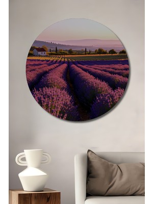 Mor Lavanta Tarlası Yağlı Boya Görünümlü Dekoratif Ahşap Ev/işyeri/ofis Yuvarlak Tablo