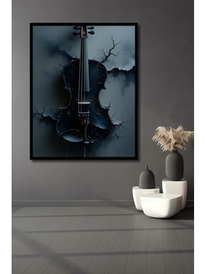 Çerçeve Görünümlü Yıkık Duvar Arasında Keman Yağlı Boya Görünümlü Dekoratif Ahşap Ofis Kare Tablo