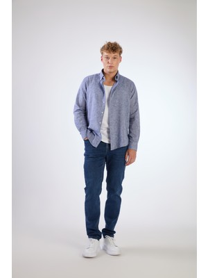 Koyu Lacivert Keten Düz Renk Regular Fit Erkek Gömlek