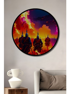 Çerçeve Görünümlü Alevler Içinde Ilerleyen Ordunun Yağlı Boya Görünümlü Ofis Ahşap Tablosu