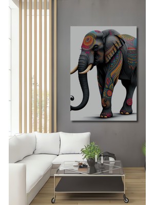 Etnik Desenli Fil Yağlı Boya Görünümlü Dekoratif Ahşap Ev/işyeri/ofis Kare Tablo