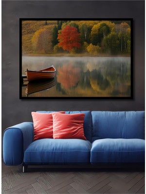Çerçeve Görünümlü Huzurlu Sonbahar Gölünde Tekne Yağlı Boya Görünümlü Ahşap Ofis Kare Tablo